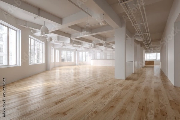 Obraz Open workspace featuring wooden floors, modern lighting, and a clean, minimalist layout.