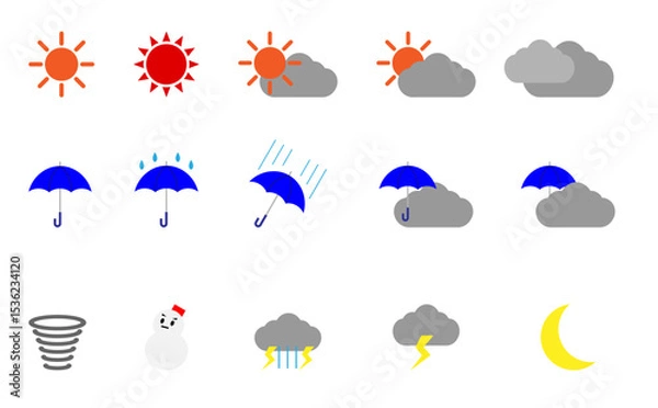 Obraz シンプルな色付きお天気マークのイラストセット