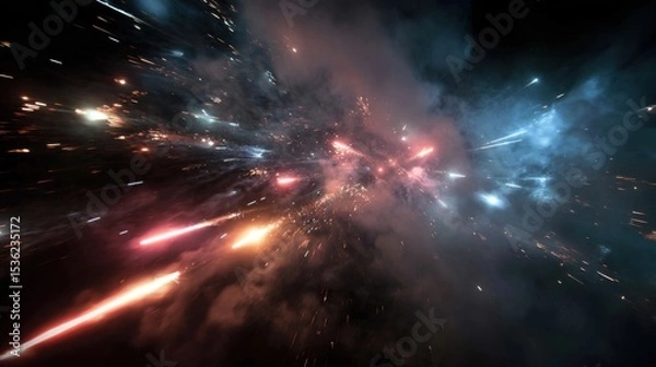 Fototapeta Cosmic Firestorm: A breathtaking vista of a nebula in turmoil, showcasing vibrant streaks of cosmic fire and swirling nebulous clouds in a dramatic display of celestial energy.