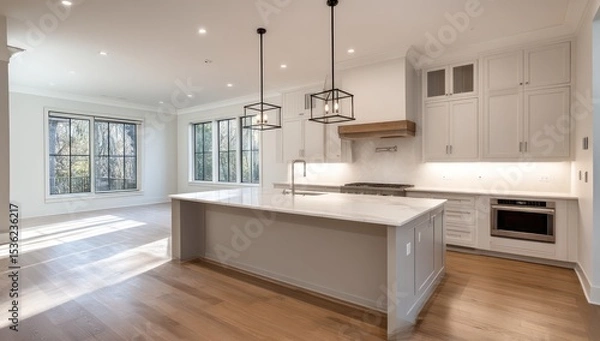 Obraz Spacious kitchen with an island, clean surfaces, and a minimalist design for a sleek look.