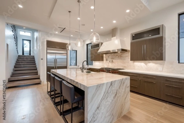 Obraz Stylish kitchen with a central island, sleek cabinetry, and clean lines creating an open feel.