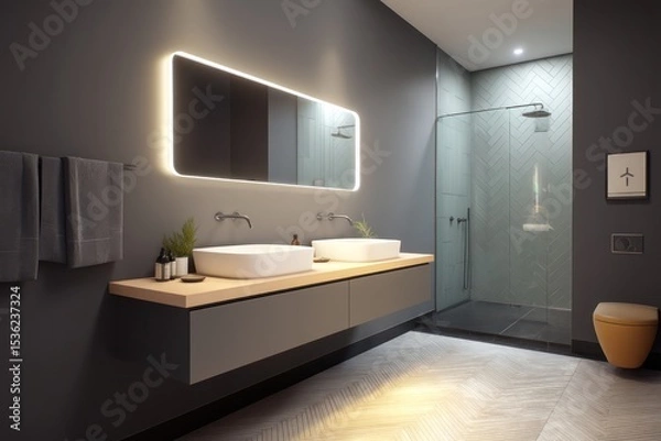 Obraz Contemporary bathroom with minimalist design, clean lines, and functional fixtures for simplicity.