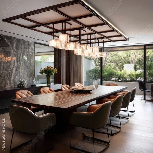 Fototapeta Modern dining room with a large table, contemporary chairs, and ambient lighting throughout.