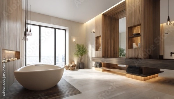 Obraz Spacious bathroom with a freestanding tub, wood accents, and gentle lighting to set a calm mood.