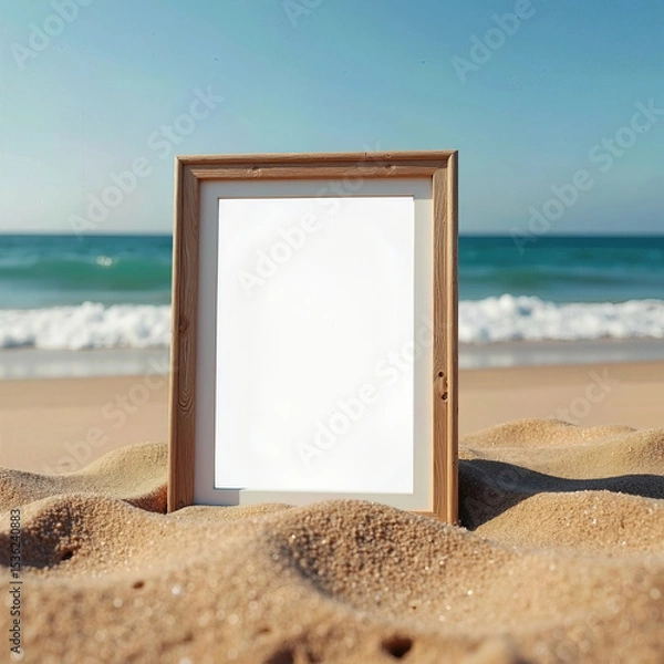 Fototapeta Capture your summer memories with this serene beach scene mockup, featuring an empty wooden frame resting on golden sand against a backdrop of ocean waves.
