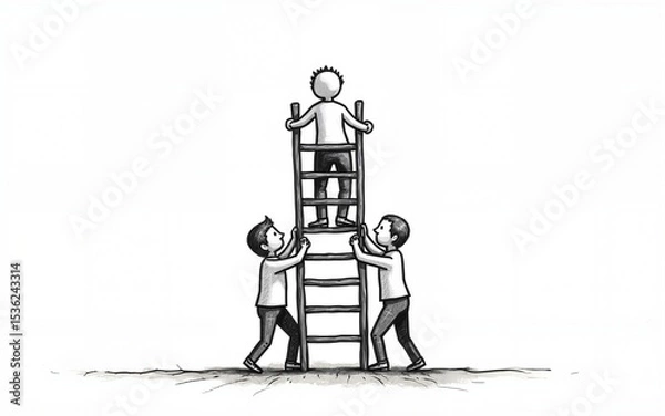 Obraz Drawing of people forming a ladder, helping each other climb, symbolizing mutual support. High quality