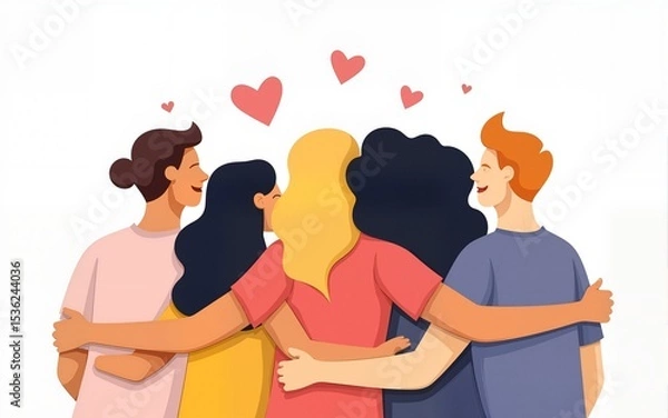 Obraz United community, people group hugging together. Support, peace, humanism concept. Supporting loving society. Supportive unity embracing together. Flat vector illustration isolated on white background