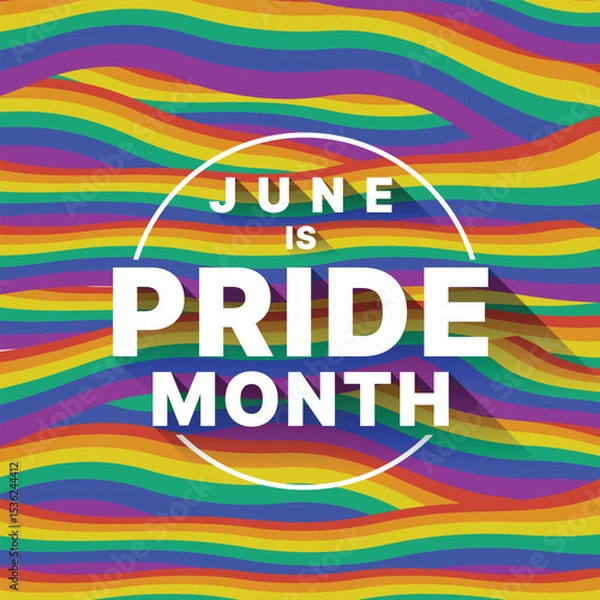 Obraz June is pride month text in line circle on abstract rainbow pride flag waving texture background vector design