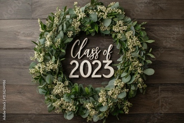 Fototapeta Elegant wreath around "Class of 2025" in script font
