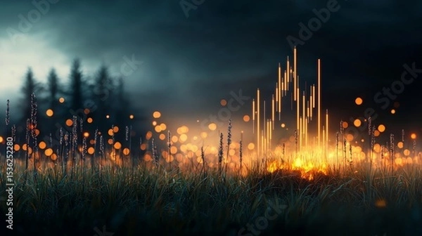 Fototapeta Ethereal firefly dance enchanted forest fantasy scene twilight glow ground level nature's magic