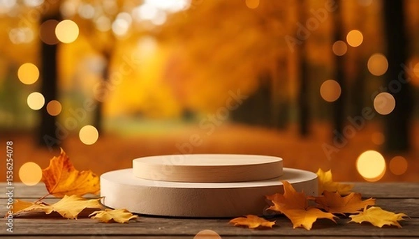Obraz Wooden display stands on a table surrounded by autumn leaves. Soft bokeh lights create a warm, inviting atmosphere in a fall setting.