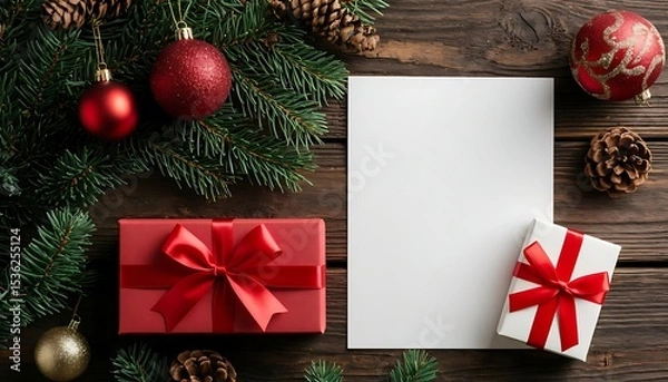 Obraz Christmas gifts and decorations arranged on a wooden table. Two wrapped presents, one red and one white, alongside pine cones and a blank sheet of paper.