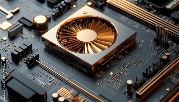Fototapeta Detailed Shot of Modern Computer Motherboard with Gold Accents and Cooling System