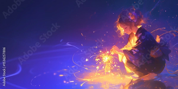 Obraz 花火をする女の子、女性、水彩画、イラスト、バナー素材。