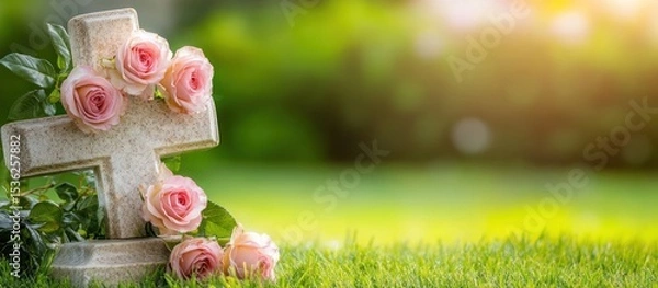 Fototapeta Stone cross adorned with pink roses in a peaceful garden setting, symbolizing remembrance and eternal love