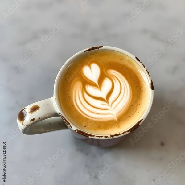 Obraz The same latte art poured again into a chipped mug.