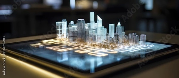 Fototapeta Futuristic city skyline on a tablet screen showcasing technological advancement