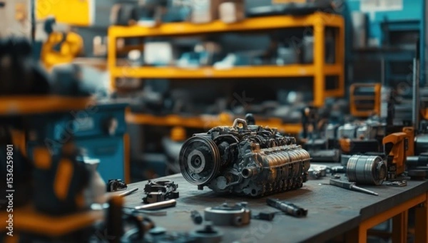 Fototapeta Close-up of an intricate engine being assembled in a mechanical workshop