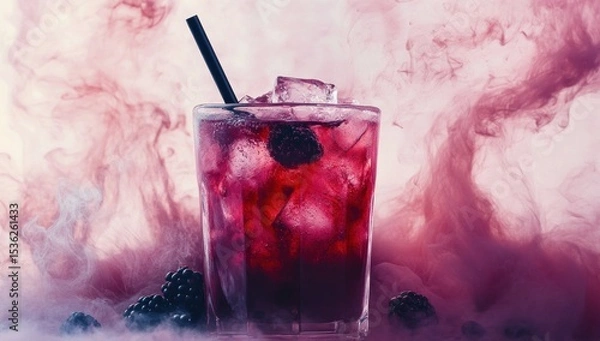 Fototapeta Refreshing blackberry cocktail with ice and a straw, surrounded by a captivating smoky fog effect