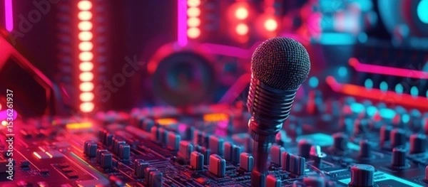 Fototapeta Vibrant retro microphone on a soundboard with a neon-lit backdrop capturing a dynamic audio engineering setup