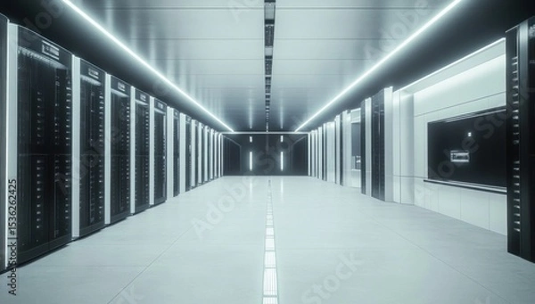 Fototapeta Symmetrical data center corridor showcases advanced technology infrastructure