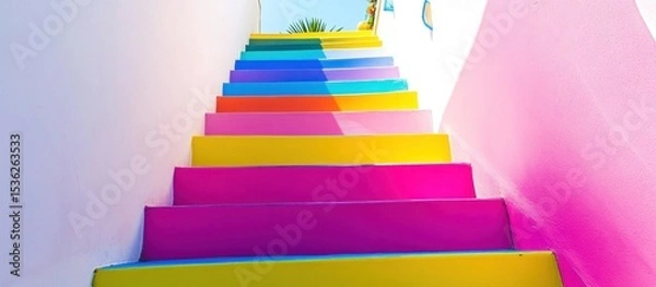 Fototapeta Colorful Staircase in Santorini, Greece, A Vibrant Ascent to Paradise