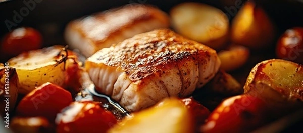 Fototapeta Delicious Pan-Seared Cod Fillet Served with Roasted Potatoes and Tomatoes