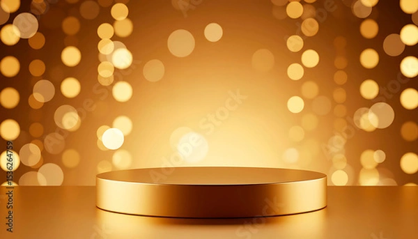 Fototapeta A golden circular podium is illuminated by soft, warm lights. The background features a bokeh effect with shimmering golden orbs, creating a festive atmosphere.