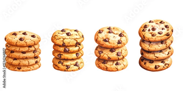 Obraz Delicious chocolate chip cookies stacked in various heights on a clean background.