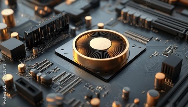 Fototapeta Detailed Close-up of a Modern Computer Motherboard with Gold Accents