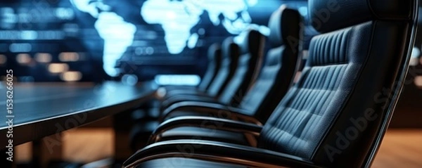 Fototapeta Empty boardroom with global map background symbolizes decision making