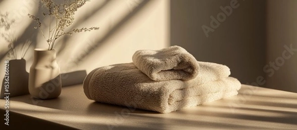 Fototapeta Elegant presentation of freshly laundered towels and a minimalist vase creating a calming and serene ambiance
