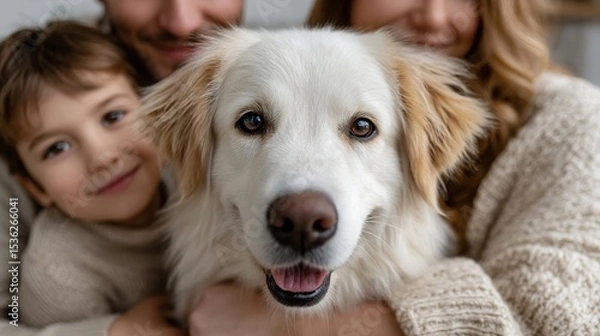 Obraz A woman and two children are hugging a dog