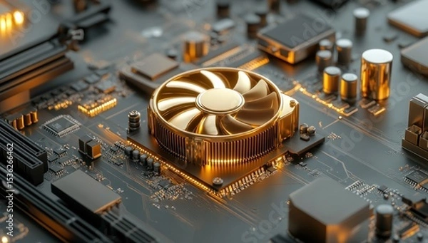 Fototapeta Close up of a golden CPU cooler on a modern motherboard, symbolizing technology