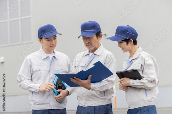 Fototapeta 屋外でミーティングする作業員グループ