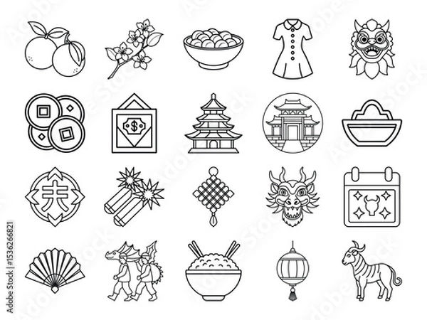 Fototapeta Chinese New Year Icons Set Line Art Style Black and White Lunar New Year Symbols Collection Oranges Coins Dragon Lantern Temple