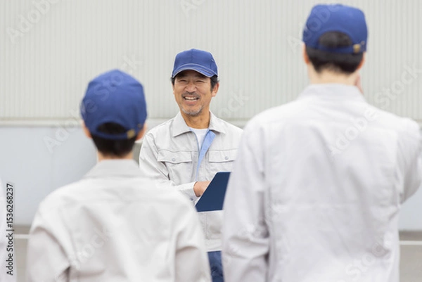 Fototapeta  屋外でミーティングする作業員グループ