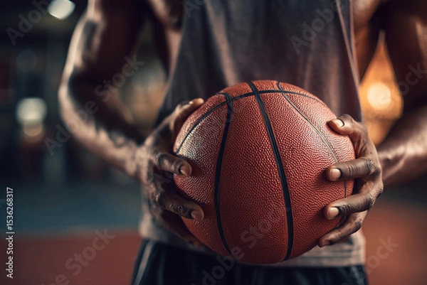 Fototapeta A man is holding a basketball in his hands. The ball is red and has a black stripe. The man is wearing a black shirt and black shorts. Concept of athleticism and physical activity