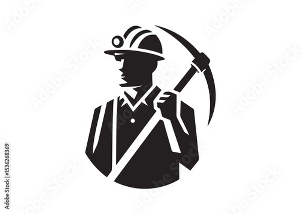 Fototapeta A man is holding a pickaxe and wearing a hard hat Silhouette Vector