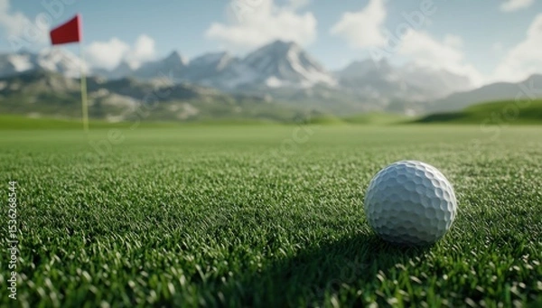 Fototapeta Golf ball resting on green grass with red flag and mountain backdrop