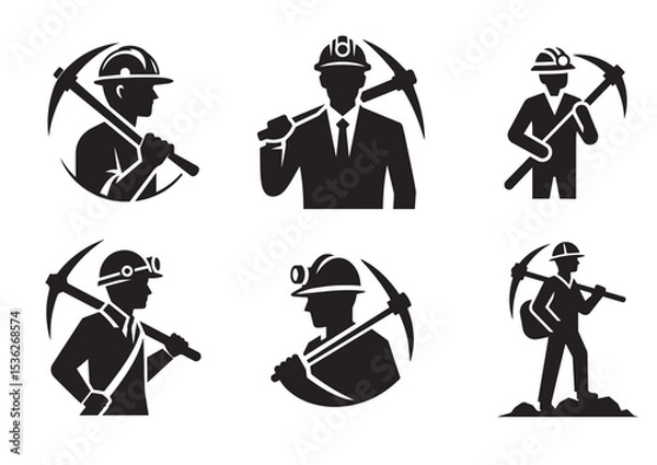 Fototapeta A man is holding a pickaxe and wearing a hard hat Silhouette Vector Set