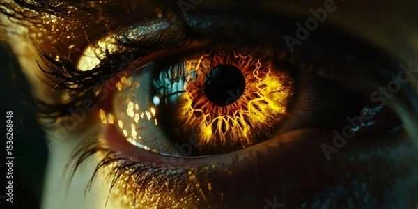 Fototapeta Intense close-up of an eye with a glowing, fiery iris design