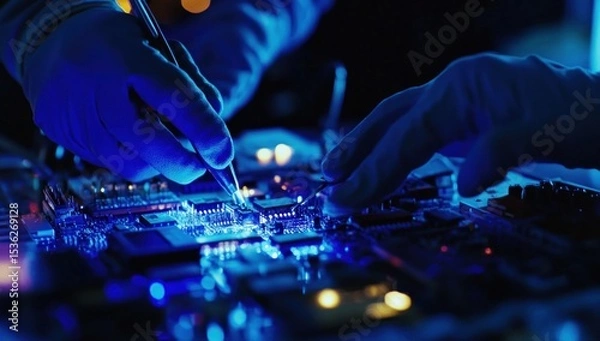 Fototapeta Close-up of engineer repairing computer hardware, illuminated by blue light with electronic equipment and circuit board