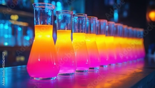 Fototapeta Neon gradient liquid in laboratory glassware lined up in a row experiment