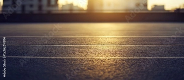 Fototapeta Evening light on rooftop running track, city buildings blurred in the background