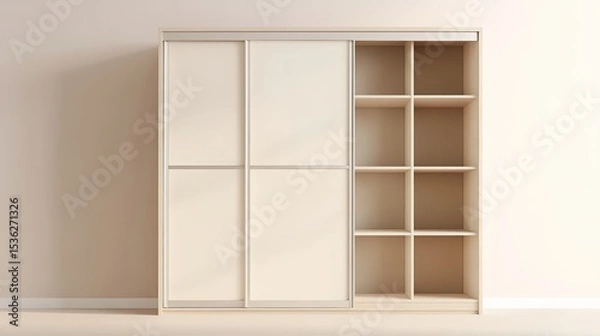 Fototapeta Minimalist beige wardrobe with sliding doors and open shelving, set against a matching neutral wall.