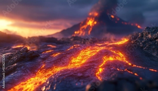 Fototapeta Dramatic volcanic eruption spewing molten lava across a desolate landscape, creating a captivating display of geological power and natural beauty