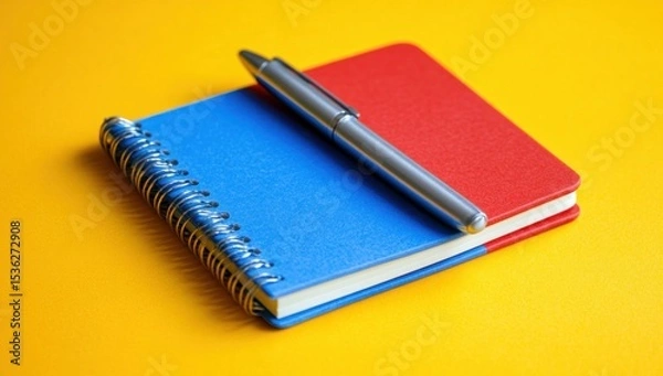 Fototapeta Vibrant Notebook and Pen on Yellow Background: A Study in Minimalist Office Supplies
