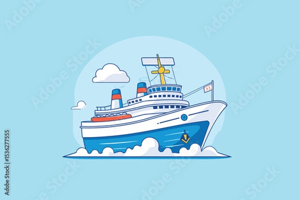 Fototapeta An attractive vector illustration of a cruise ship navigating calm waters under a clear blue sky. The image showcases the ship's lively colors and streamlined design, evoking thoughts of marine travel