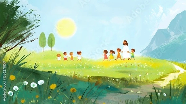 Obraz Cartoon Jesus figure walking with children through a grassy field with wildflowers under the sun. Wide scene illustration with copy space.